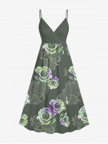 Plus Size Tropical Leaf Flower Print Hawaii Surplice A Line Dress - LIGHT GREEN - XXS