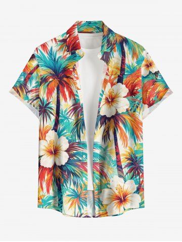 Plus Size Hibiscus Flower Coconut Tree Print Hawaii Button Pocket Shirt For Men - ORANGE - XL