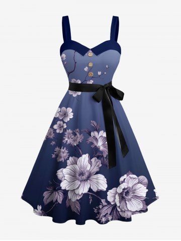 Robe trapèze boutonnée à imprimé Hawaii dégradé fleurs et branches, avec ceinture amovible - BLUE - M