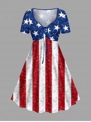 Patriotic American Flag Sparkling Sequin 3D Print Cinched Dress -  
