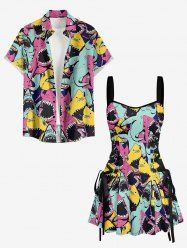 Colorful Sharks Print Matching Hawaii Beach Outfit For Couples - Rose Vif 