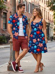 Patriotic American Flag Balloon Star Print Matching Outfit For Couples - Bleu profond 