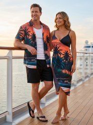 Coconut Tree Ombre Sky Print Matching Hawaii Beach Outfit For Couples - Couleur Caramel 