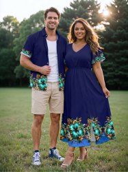 Hibiscus Flower Leopard Leaf Print Matching Hawaii Beach Outfit For Couples - Cadetblue 