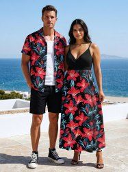 Hibiscus Flower Leaf Print Matching Hawaii Beach Outfit For Couples -  