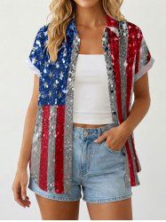 Women's Glitter Sequins Patriotic American Flag Print Shirt -  