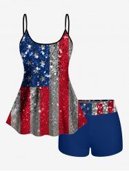 Glitter Sequins Patriotic American Flag Print Boyleg Tankini Swimsuit (Adjustable Shoulder Strap) -  