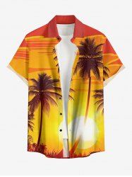 Plus Size Coconut Tree Sun Ombre Print Buttons Pocket Hawaii Shirt For Men - Brun Doré 2XL