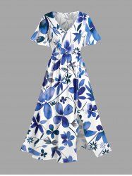 Plus Size Flower Leaf Print Split Hawaii Midi Dress -  
