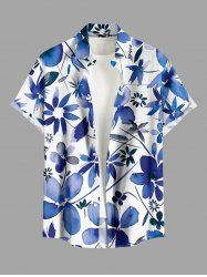 Plus Size Flower Leaf Print Buttons Pocket Hawaii Shirt For Men -  