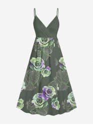 Plus Size Tropical Leaf Flower Print Hawaii Surplice A Line Dress - Vert clair 6X