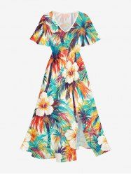 Hibiscus Flower Coconut Tree Print Hawaii Split Pocket A Line Midi Dress - Orange 3X