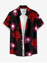 Skulls Flower Print Hawaii Button Pocket Shirt For Men -  