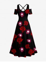 Skulls Flower Print Hawaii Cold Shoulder Crisscross A Line Maxi Dress -  