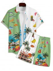 Men's Matching Two Piece Hawaiian Tropical Coconut Tree Floral Letter Graphic Print Short Sleeves Shirt And Drawstring Shorts Set - Vert Pois M