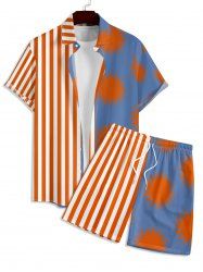 Men's Matching Two Piece Co Ord Half And Half Striped Sun Print Button Up Short Sleeves Shirt And Drawstring Shorts Set -  