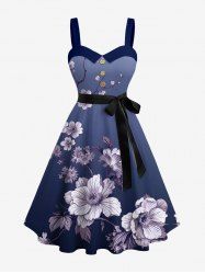 Robe trapèze à boutons avec ceinture amovible, imprimé hawaïen dégradé branches fleuries - Bleu S