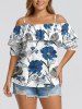 Pin Dot Flower Print Hawaii Cold Shoulder Ruffles Blouse - Bleu XL