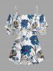 Pin Dot Flower Print Hawaii Cold Shoulder Ruffles Blouse - Bleu XL