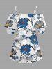 Pin Dot Flower Print Hawaii Cold Shoulder Ruffles Blouse - Bleu XL