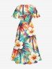 Hibiscus Flower Coconut Tree Print Hawaii Split Pocket A Line Midi Dress - Orange 2X