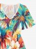 Hibiscus Flower Coconut Tree Print Hawaii Split Pocket A Line Midi Dress - Orange 3X