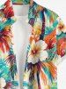 Hibiscus Flower Coconut Tree Print Hawaii Button Pocket Shirt For Men - Orange L