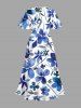 Plus Size Flower Leaf Print Split Hawaii Midi Dress -  