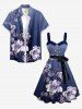 Robe trapèze à boutons avec ceinture amovible, imprimé hawaïen dégradé branches fleuries - Bleu S