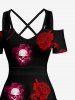 Robe maxi trapèze hawaïenne à épaules dénudées et liens entrecroisés, imprimé crânes et fleurs - Noir 6X
