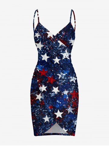 Plus Size Patriotic American Flag Sparkling Sequin 3D Print Convertible Beach Cover - DEEP BLUE - L