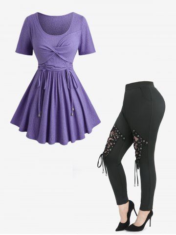 Twist Panel Cinched Wiast Top and Flocking Lace Up Sheer Mesh Leggings Plus Size Outfit - PURPLE