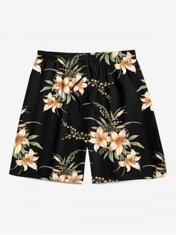 Plus Size Flower Leaf Branch Print Hawaii Drawstring Beach Shorts For Men - BLACK - 5XL