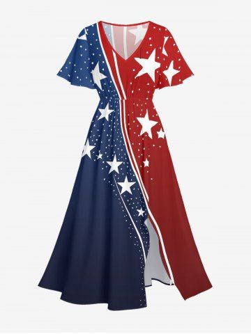 Plus Size Patriotic American Flag Print Split Pocket A Line Midi Dress - BLUE - XXS