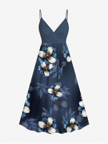 Plus Size Flower Leaf Print Surplice Hawaii Cami Dress - BLUE GRAY - 3X