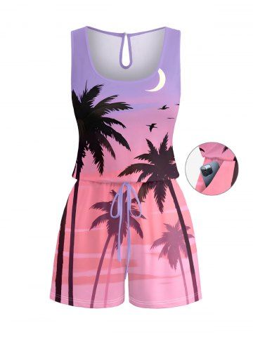 Plus Size Coconut Tree Bird Moon Ombre Print Cinched Hawaii Romper