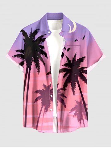 Plus Size Coconut Tree Bird Moon Ombre Print Buttons Pocket Hawaii Shirt For Men - PURPLE - 6XL