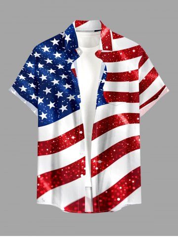 Plus Size Patriotic American Flag Sparkling Sequin 3D Print Buttons Pocket Shirt For Men - NAVY BLUE - 2XL