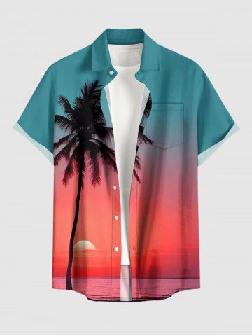 Plus Size Coconut Tree Ombre Sunset Sea Print Hawaii Button Pocket Shirt For Men - RED - S