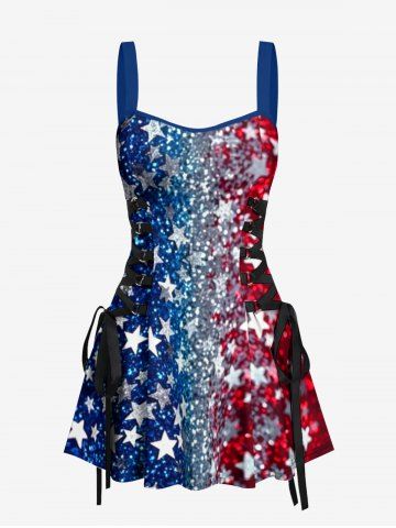 Glitter Sequins Patriotic American Flag Print Lace Up A Line Dress - BLUE - XXXL