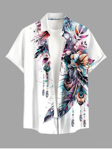 Plus Size Flower Leaf Feather Print Hawaii Button Pocket Shirt For Men - WHITE - 5XL