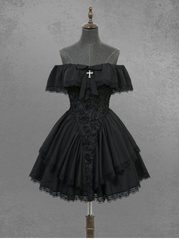 Gothic Chrysanthemum Lace Embroidery Ruched Layered Bowknot Cross A Line Dress - BLACK - M