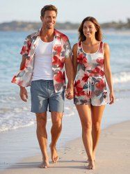 Matching Hawaii Shirt and Romper Beach Outfit Ombre Flower Leaf Print For Couples -  