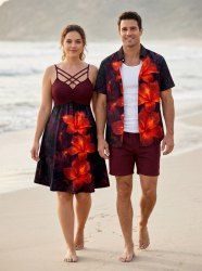 Glitter Hibiscus Flower Print Matching Hawaii Beach Outfit For Couples -  
