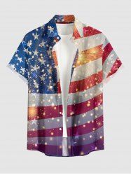 Patriotic American Flag Fireworks Glitter 3D Print Buttons Pocket Shirt For Men -  