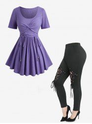Twist Panel Cinched Wiast Top and Flocking Lace Up Sheer Mesh Leggings Plus Size Outfit - Pourpre  