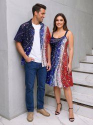 Patriotic American Flag Sparkling Sequin 3D Print Matching Outfit For Couples - Bleu profond 