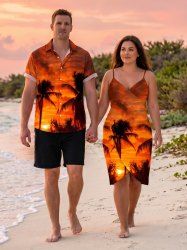 Coconut Tree Ombre Dusk Sunset Print Matching Hawaii Beach Outfit For Couples - Brun Légère 