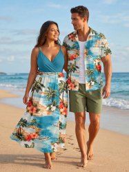 Coconut Tree Sea Hibiscus Flower Print Matching Hawaii Beach Outfit For Couples -  