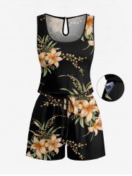Plus Size Flower Leaf Branch Print Hawaii Drawstring Pocket Romper - Noir 3X
